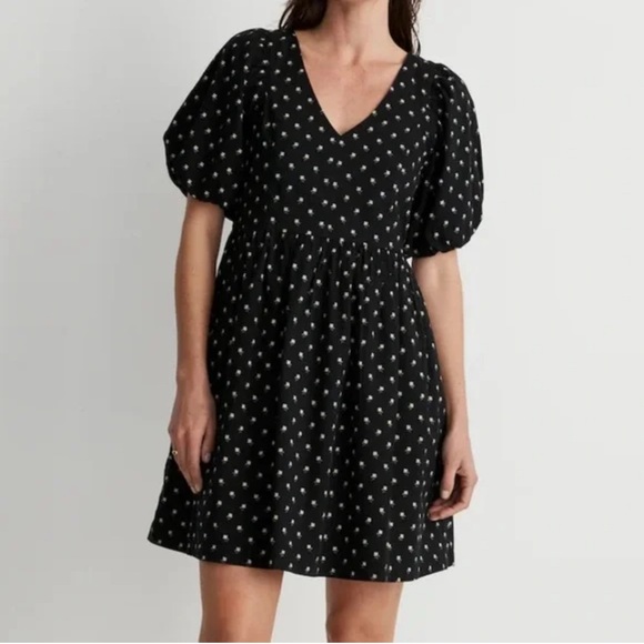 Madewell V-Neck Puff Sleeve Mini Dress in Floral Ikat Black XXL - Picture 11 of 14